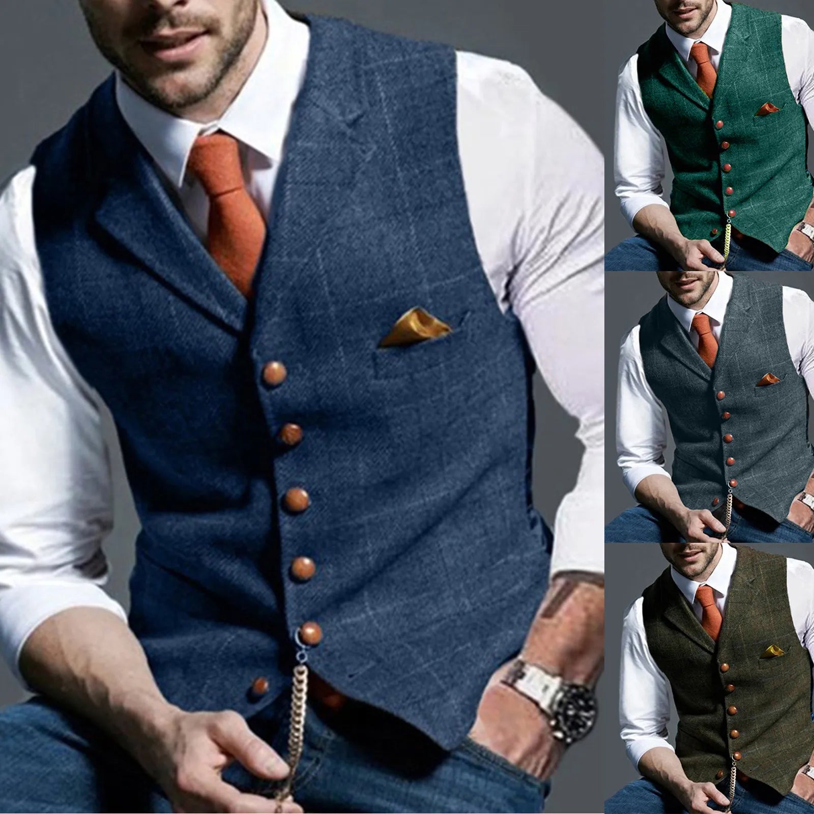 Men's Casual Classic Suit Vest V Neck Herringbone Tweed Slim Fit Business Waistcoat For Wedding Men's Lapel Plaid Vest Vedee