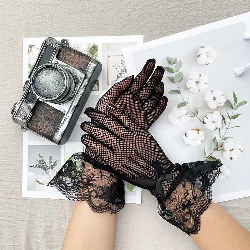 Women Black White Summer Uv-proof Driving Gloves Mesh Fishnet Gloves Lace Mittens Full Finger Girls Lace Fashion Gloves Vedee