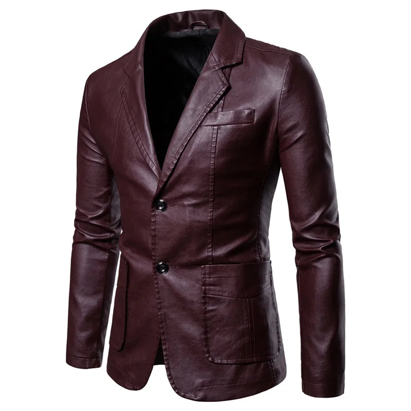 Bright Red Suit Jacket Men's PU Coats Fashion Casual Leather Jackets Black Khaki Blue Blazers Plus Size M-5XL 6XL Outerwear Vedee