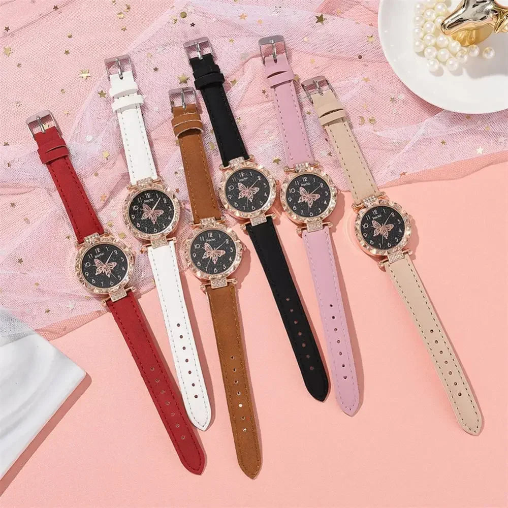 1/2PCS Women Watch Set Quartz Wristwatch Luxury Crystal Rhinestone Pearl Quartz Watches Butterfly Watches Bracelet Set No Box Vedee