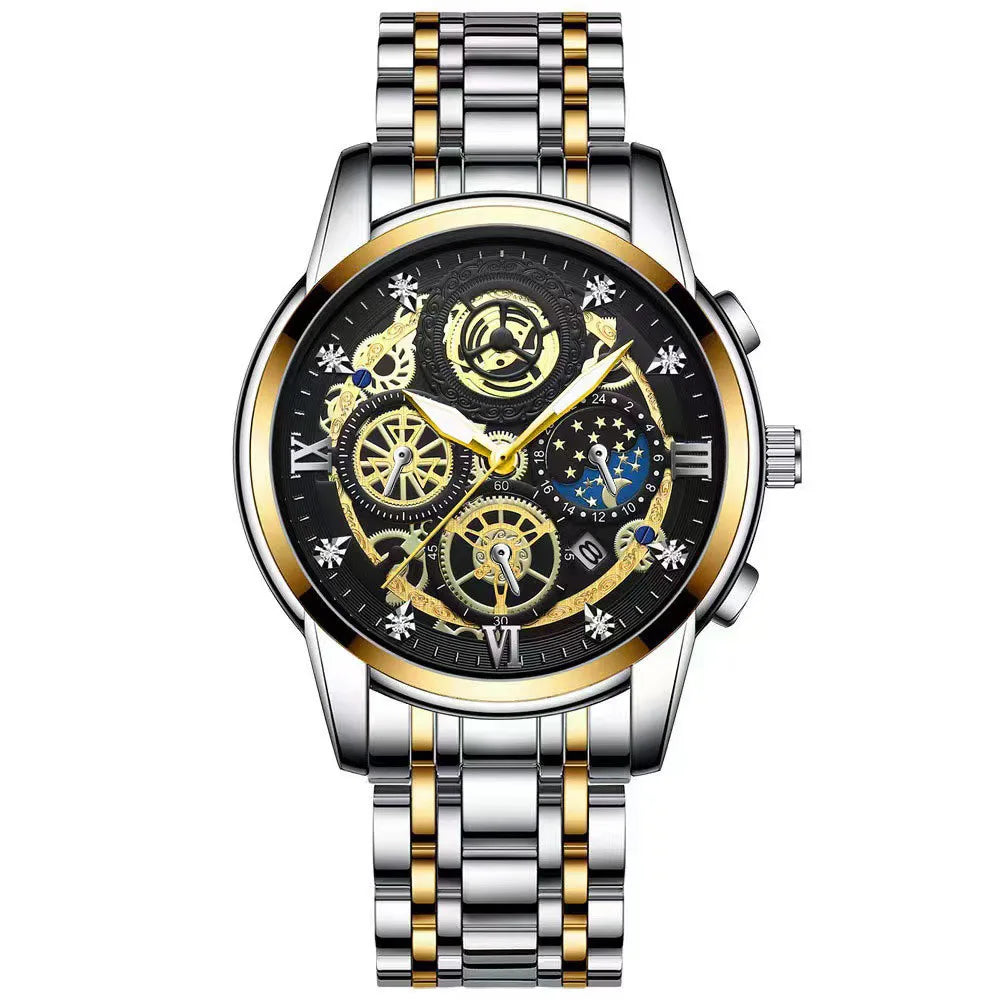 2023 Calendar Men's Fashion Watch Sports Hollow Flywheel Rhinestone Waterproof Sun Moon Star Pattern Quartz Watch Reloj Hombre Vedee