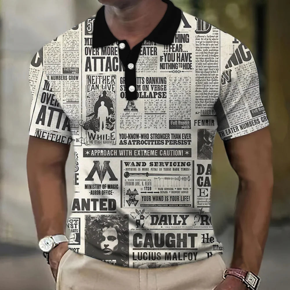 Vintage Men's Polo Shirt Newspaper Pattern T-Shirt Printed Polo Shirts Short Sleeve Tops High Quality Tees Fashion Men Clothing Vedee