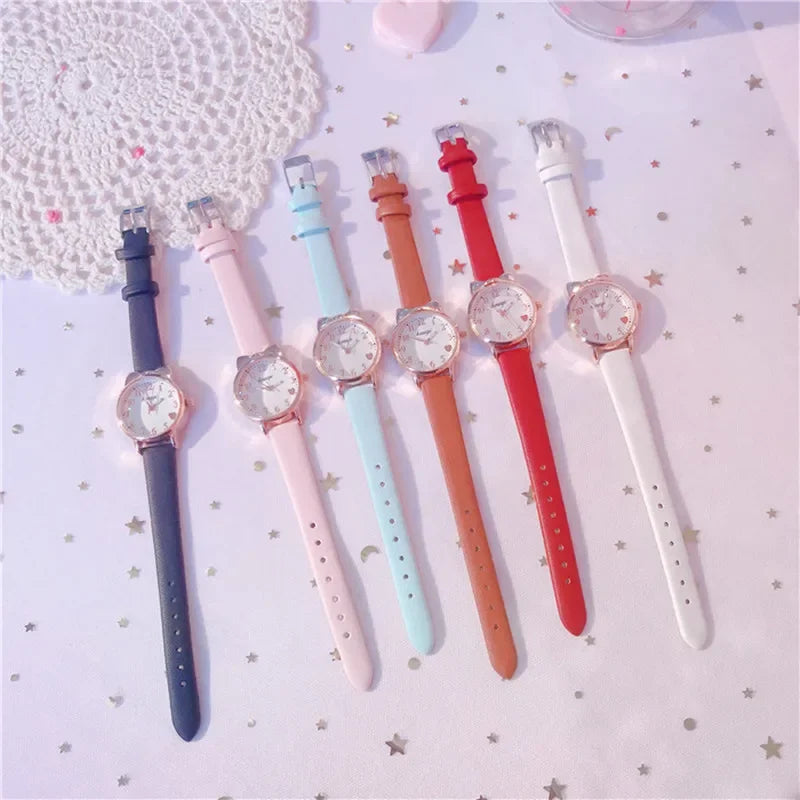 2023 Ins Fashion Women's Watch Cute Heart Female Student Quartz Watches Leather Strap Star Moon Bracelet+Watch Set Gift Relojes Vedee