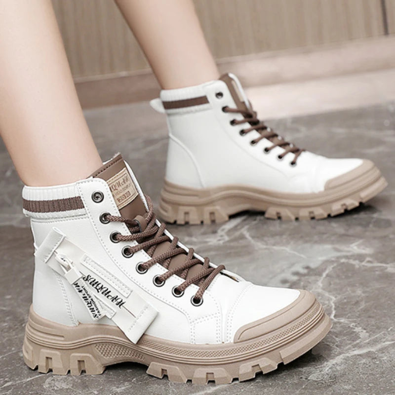 Shoes for Women 2023 Hot Sale Lace Up Women' Boots Autumn Round Toe Mixed Colors Platform Water Proof Short Barrel Fashion Boots Vedee