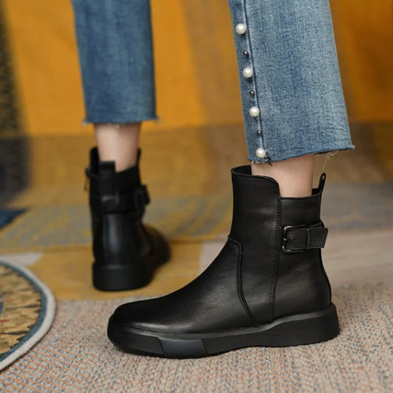 2024 New Retro Boots for Women Autumn Winter Women's Shoes Leather Casual Flat Ankle Boots Female Platform Short Boots Vedee