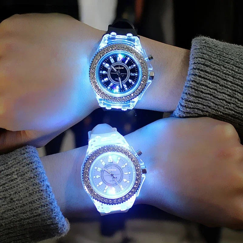 Women Flash Luminous Personalized Rhinestone LED Watch Trends Students Lovers Jelly Woman Men Watches Harajuku Light Wrist Watch Vedee