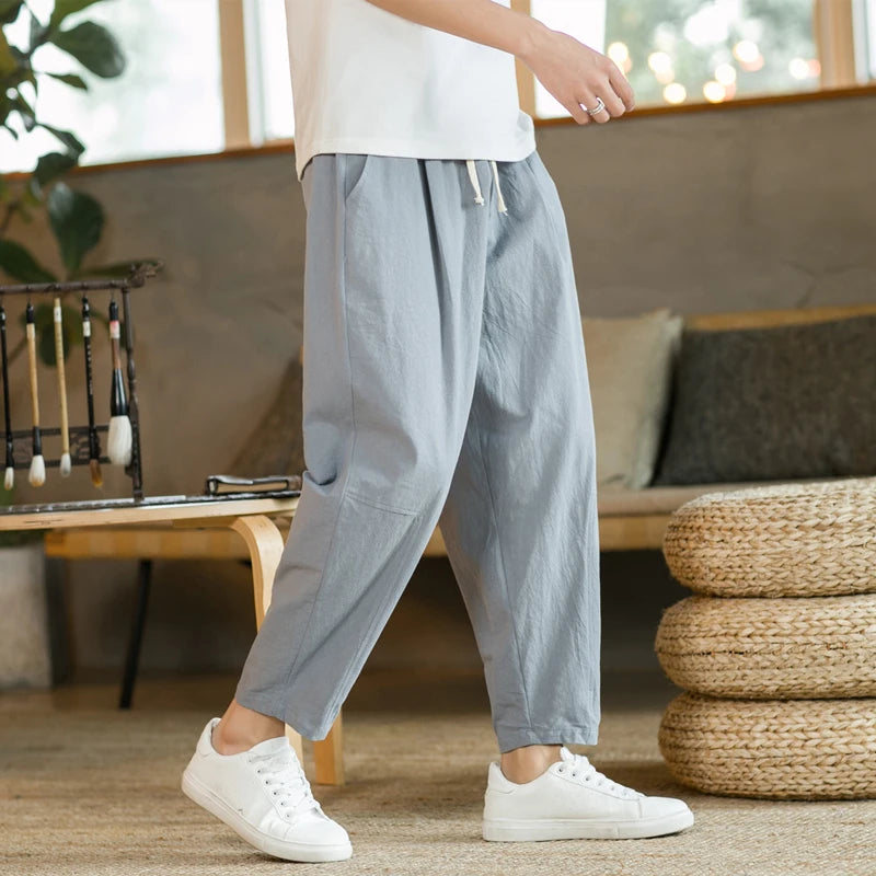 2023 Summer Men's Trousers Cotton Linen Fashion Casual Pants Solid Color Breathable Loose Shorts Straight Pants Streetwear M-5XL Vedee