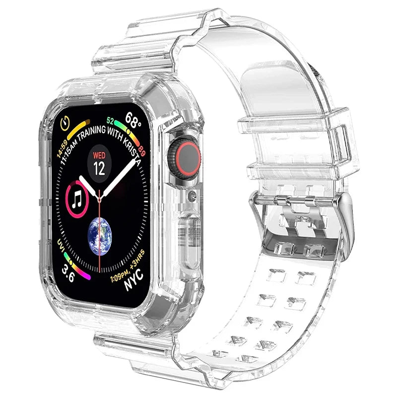 Clear Band + Case for Apple Watch Series 9 8 7 6 SE 5 49mm 45mm 44mm 42mm 41mm Transparent for iwatch 3 38mm 40mm Plastic Strap Vedee