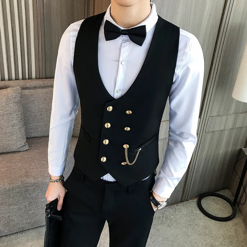 Men's Double Breasted Vest Spring 2022 New Slim Sleeveless Formal Suit Vest Gray Black Fashion Men's Business Casual Suit Vest Vedee