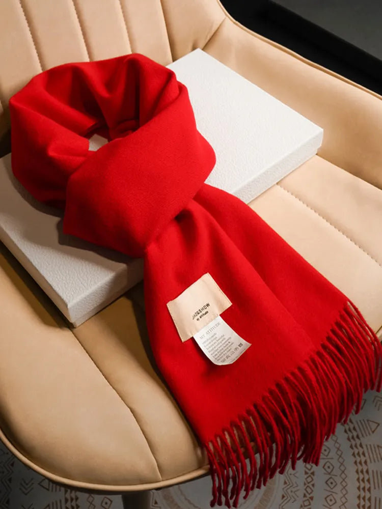 Solid Color Retro Chinese Red Tassel Fashion Comfortable Simple Women New Scarf Autumn Winter Thickened Warm Collar Long Shawl Vedee