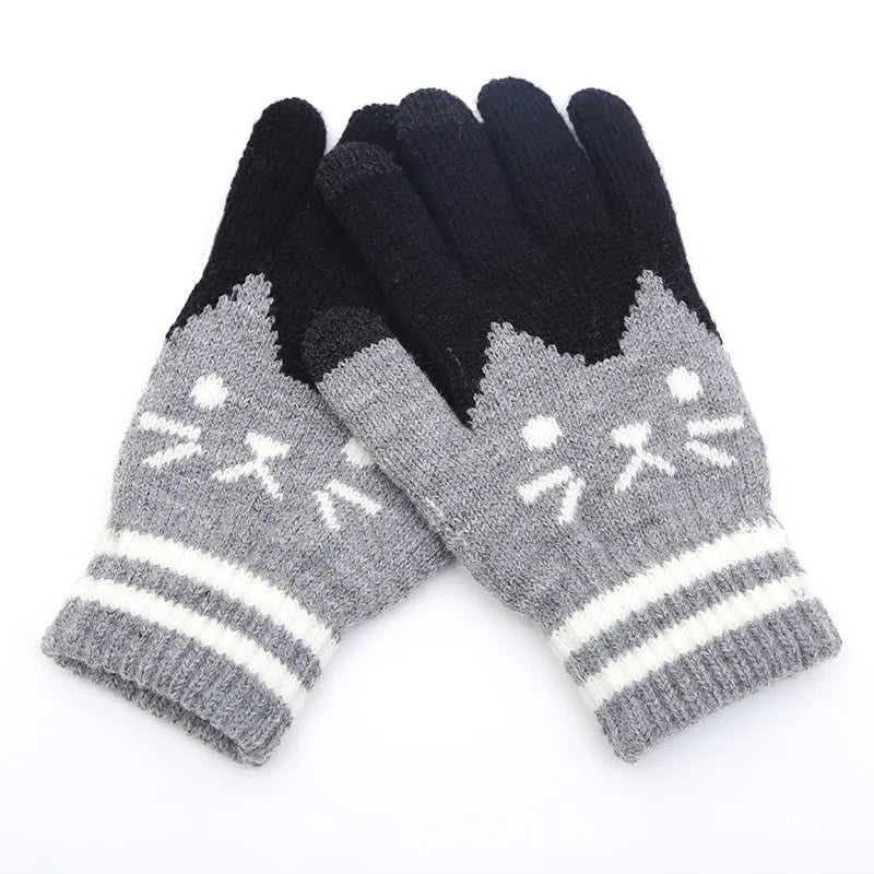 New Winter Thicken Warm Gloves For Men Women Students Cute Cat Knitted Touch Screen Mittens Outdoor Cycling Skiing Gloves Vedee