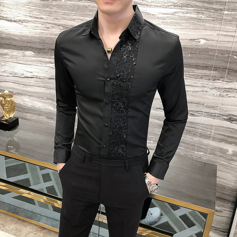 British Style Shine Lace Splicing Personality Banquet Dress Shirts Men's Brand Slim Tuxedo Shirt Solid Color Super Stage Costume Vedee