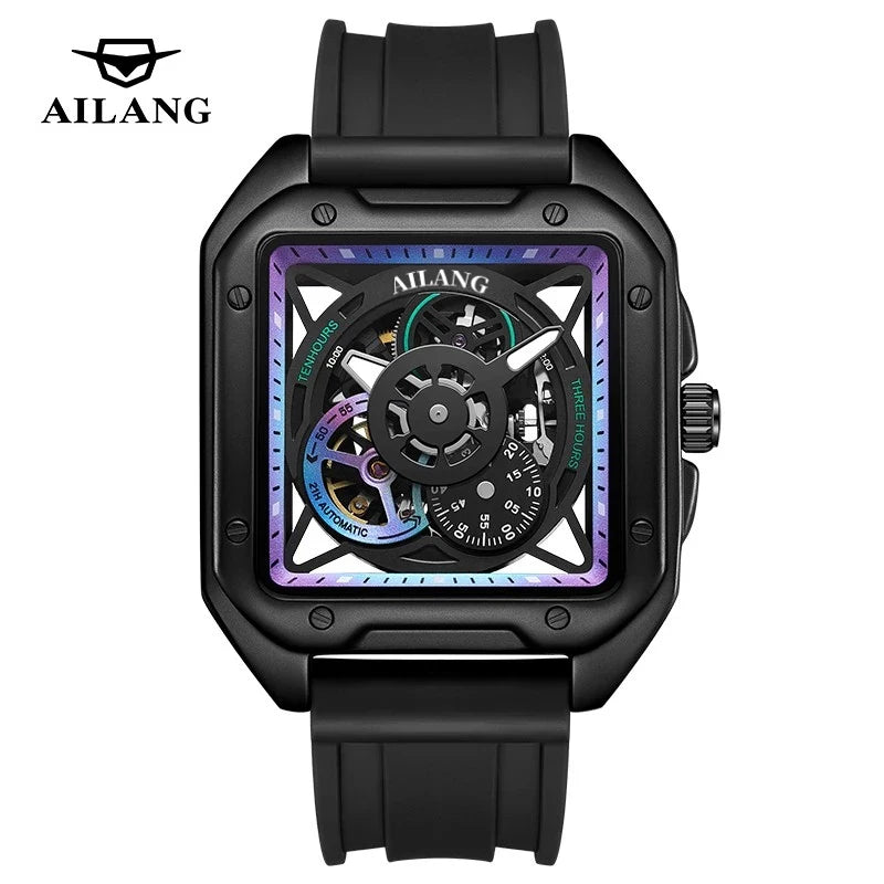 AILANG New Fashion Skeleton Mechanical Watch for Men Sports Silicone Strap Waterproof Luminous Automatic Hollow Watch Men's Vedee