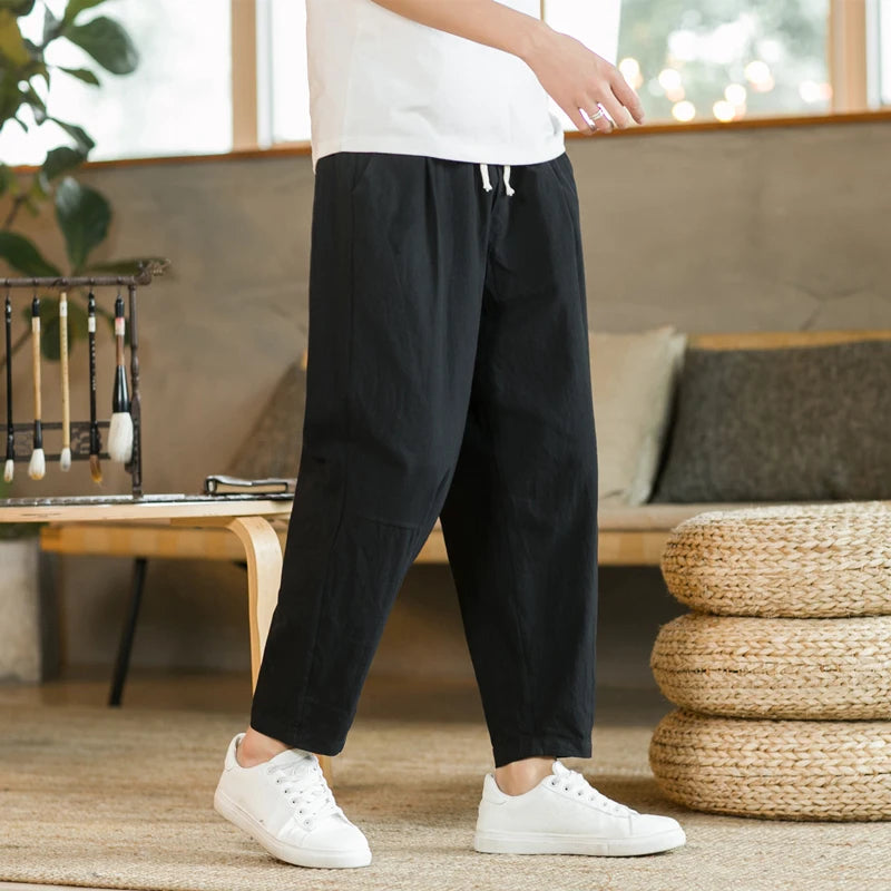 2023 Summer Men's Trousers Cotton Linen Fashion Casual Pants Solid Color Breathable Loose Shorts Straight Pants Streetwear M-5XL Vedee