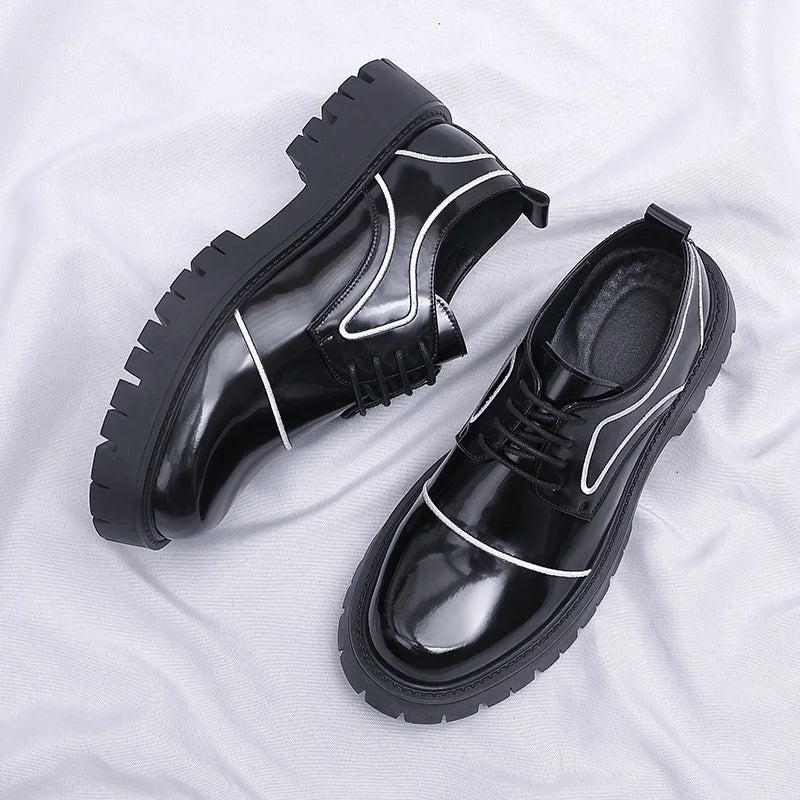 Hair stylist men's thick soled glossy leather shoes Korean version formal business casual shoes Men's lace up trendy shoes Vedee