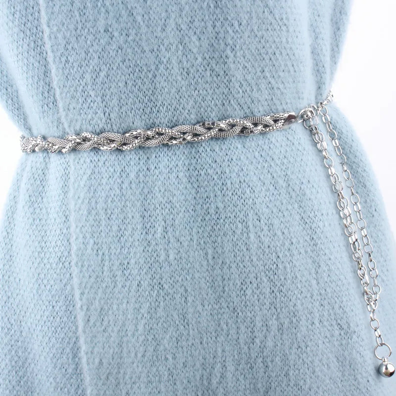 Gold Silver Metal Braided Woven Waist Chain Belts for Women Vintage Slim Corset Hip High Waistband Female Luxury Straps Vedee