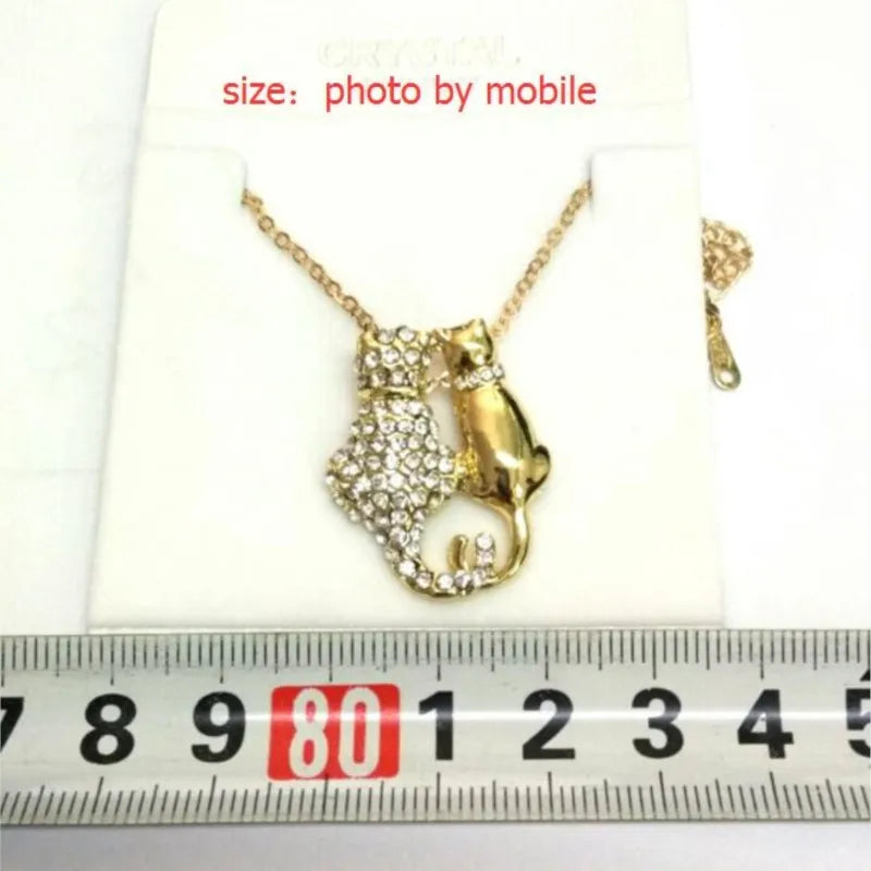 shine rhinestones Couple cat kitten Pendant Necklace sweater chain fashion jewelry lover girl birthday gift quality party date Vedee