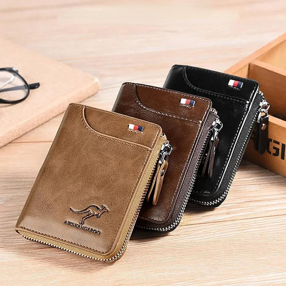 Kangaroo Wallet Men's RFID Blocking PU Leather Wallet with Zipper Multi Business Credit Card Holder Purse High Quality Vedee