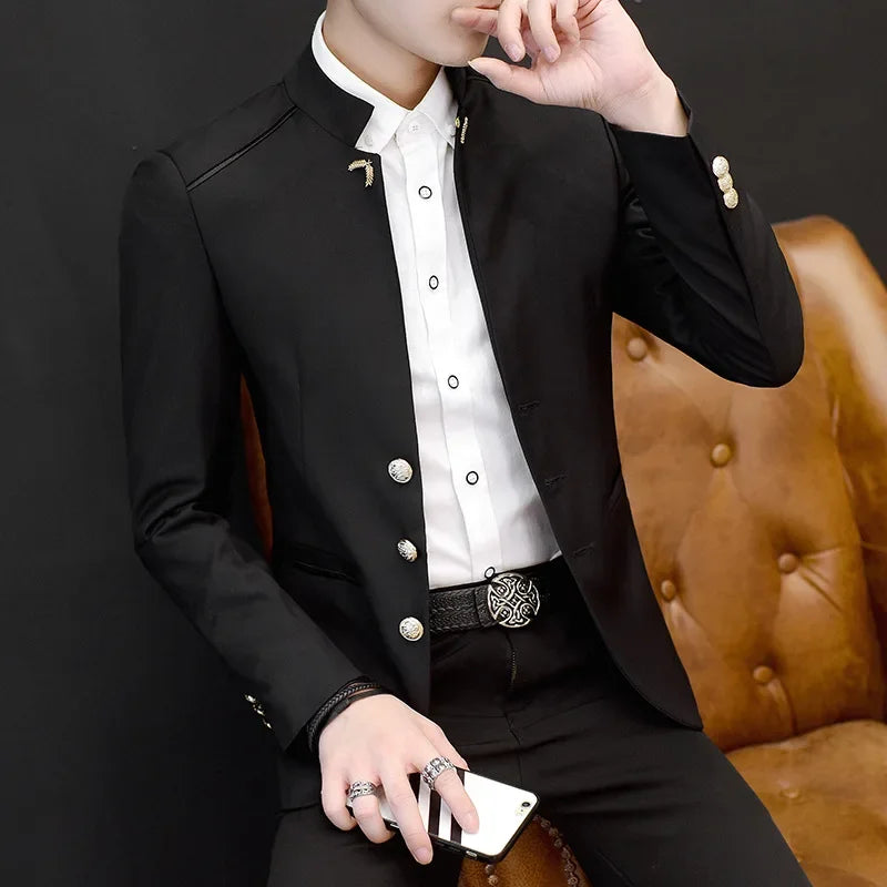 2024 Spring New Men's Stand Collar Casual Suit Youth Fashion Solid Color Stitching Three Button   mens blazer Vedee