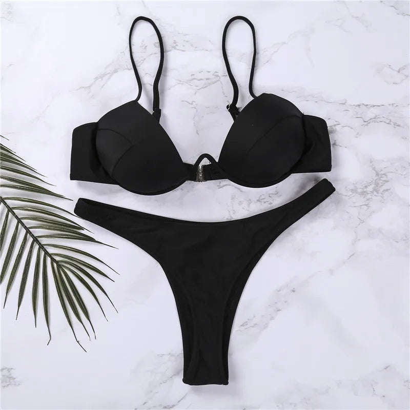 New Sexy Women'S Push Up Bikini Sets Solid Black White Low-Cut Beach Swimsuits For Women V-Neck Padded Bathing Suit Vedee