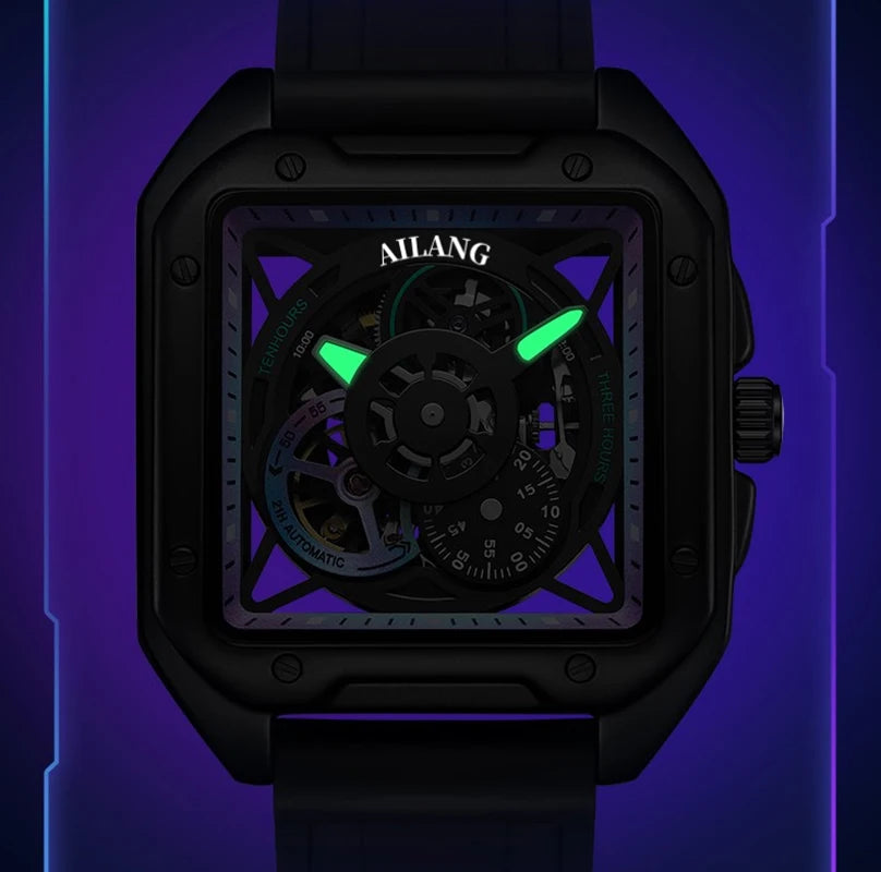 AILANG New Fashion Skeleton Mechanical Watch for Men Sports Silicone Strap Waterproof Luminous Automatic Hollow Watch Men's Vedee