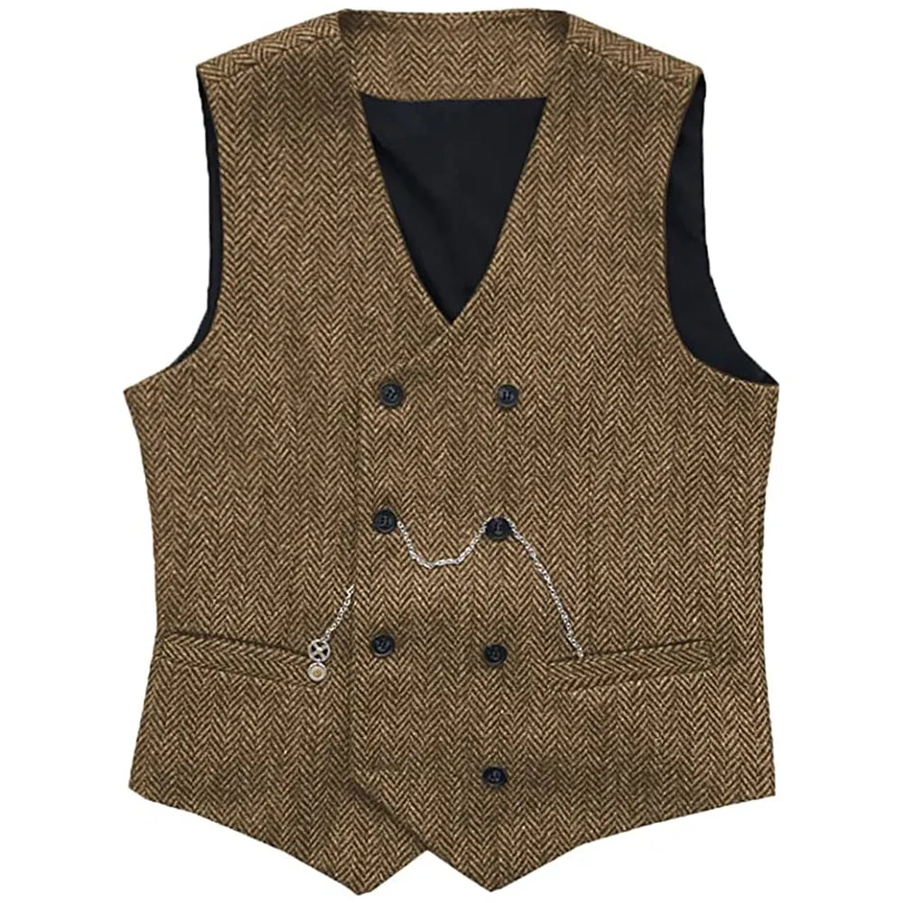 V Neck Men's  Suit Vests Herringbone Wool Tweed Double Breasted Waistcoat Tuxedo Groomsmen For  Wedding Vedee