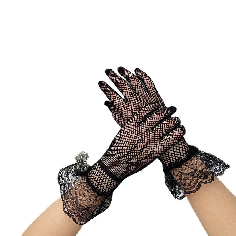 Women Black White Summer Uv-proof Driving Gloves Mesh Fishnet Gloves Lace Mittens Full Finger Girls Lace Fashion Gloves Vedee