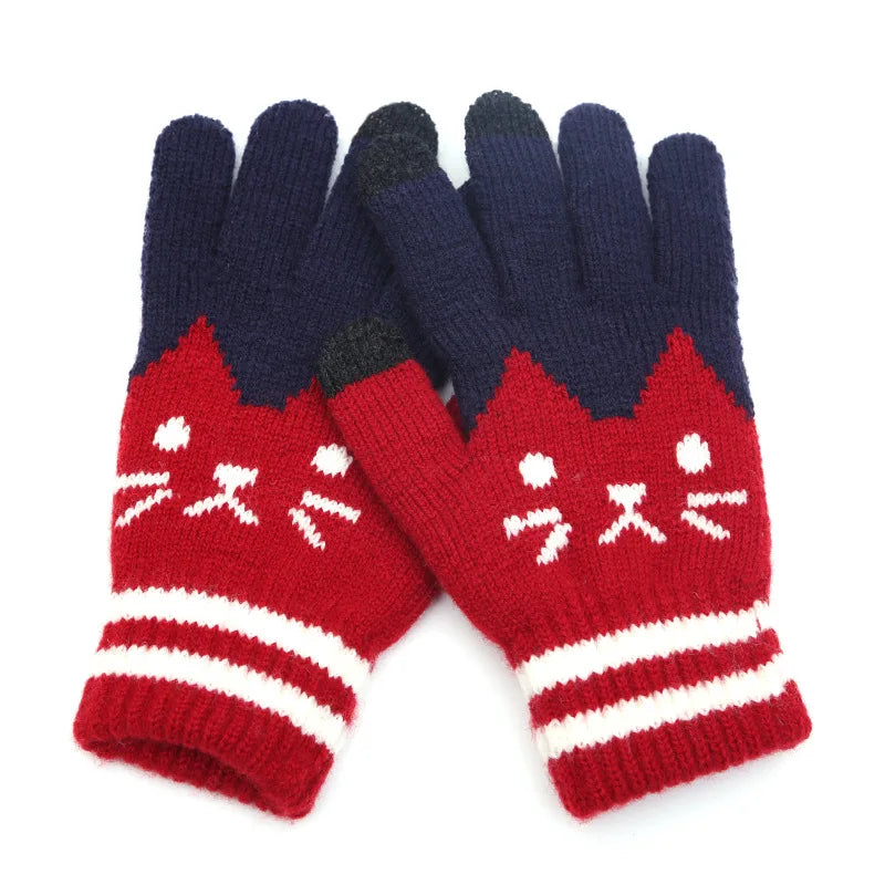 New Winter Thicken Warm Gloves For Men Women Students Cute Cat Knitted Touch Screen Mittens Outdoor Cycling Skiing Gloves Vedee