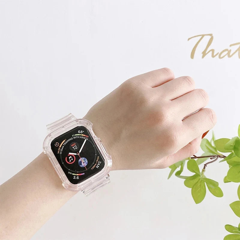 Clear Band + Case for Apple Watch Series 9 8 7 6 SE 5 49mm 45mm 44mm 42mm 41mm Transparent for iwatch 3 38mm 40mm Plastic Strap Vedee