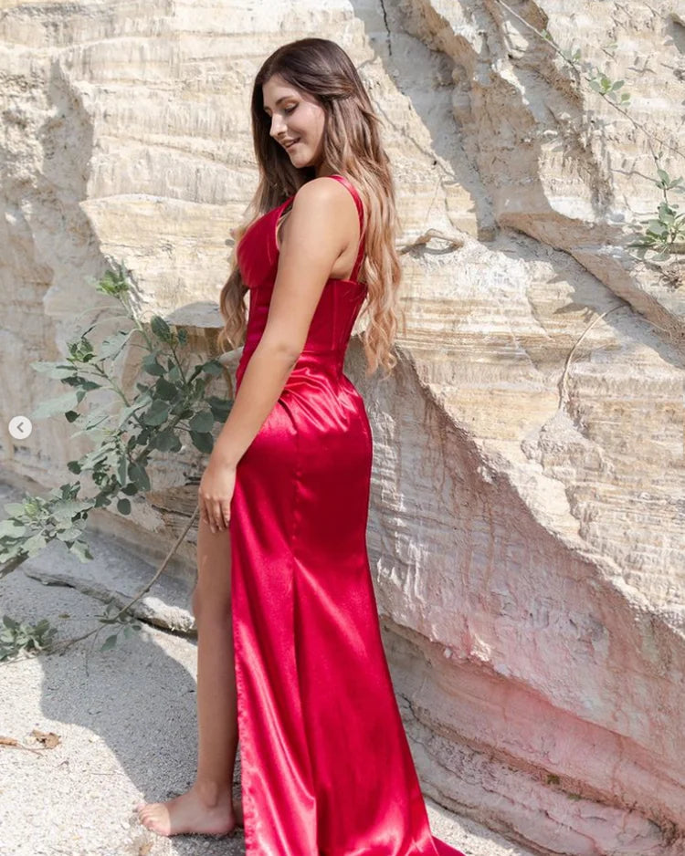 Summer A Long Red Dresses Sleeveless Backless Sexy V-neck Satin Fishbone Fold Slit Sling High Quality Evening Solid Color Dress Vedee