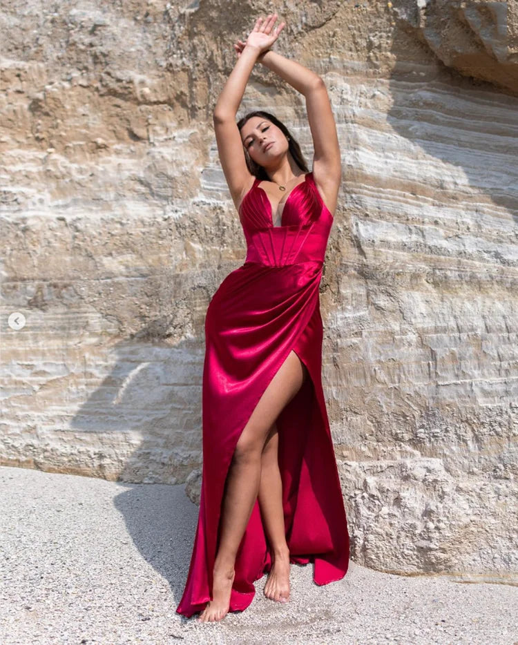 Summer A Long Red Dresses Sleeveless Backless Sexy V-neck Satin Fishbone Fold Slit Sling High Quality Evening Solid Color Dress Vedee