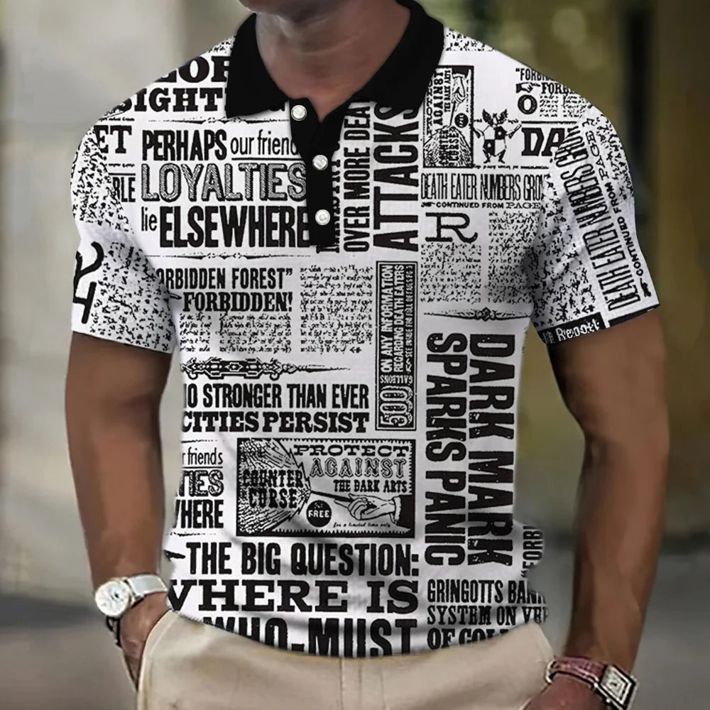 Vintage Men's Polo Shirt Newspaper Pattern T-Shirt Printed Polo Shirts Short Sleeve Tops High Quality Tees Fashion Men Clothing Vedee