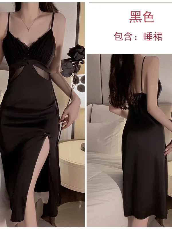 Satin Lace Patchwork Deep V Temptation Chest Cushion High Slit Long Dress Side Split Slim Fit Suspender Backless Fashion HXSO Vedee