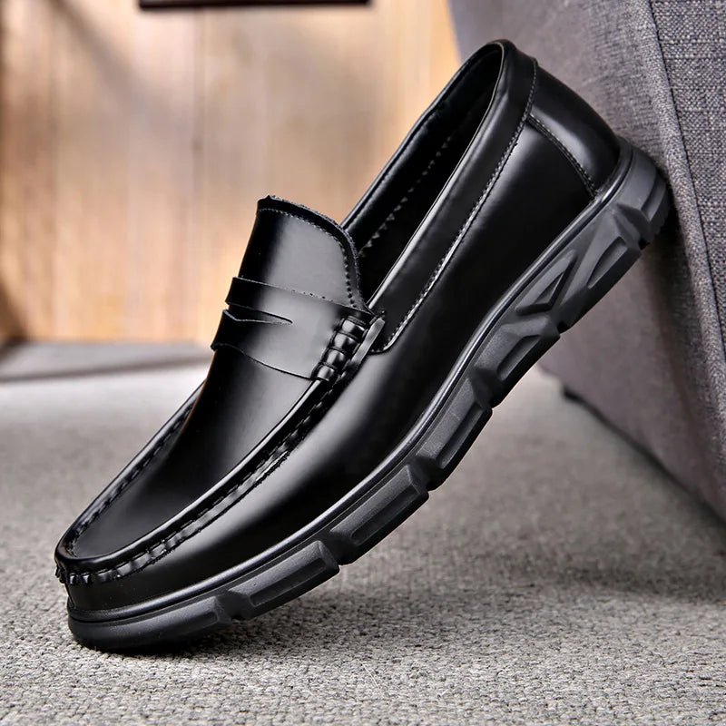 Korean style men's casual business wedding formal dress shoes slip-on driving shoe black tide original leather loafers slippers Vedee