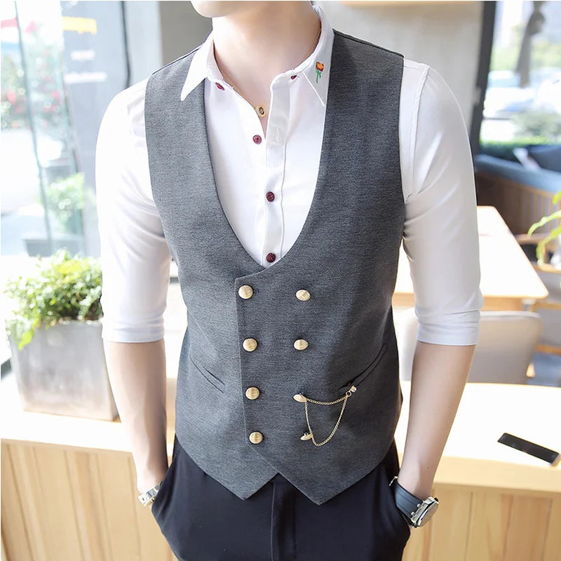 Men's Double Breasted Vest Spring 2022 New Slim Sleeveless Formal Suit Vest Gray Black Fashion Men's Business Casual Suit Vest Vedee