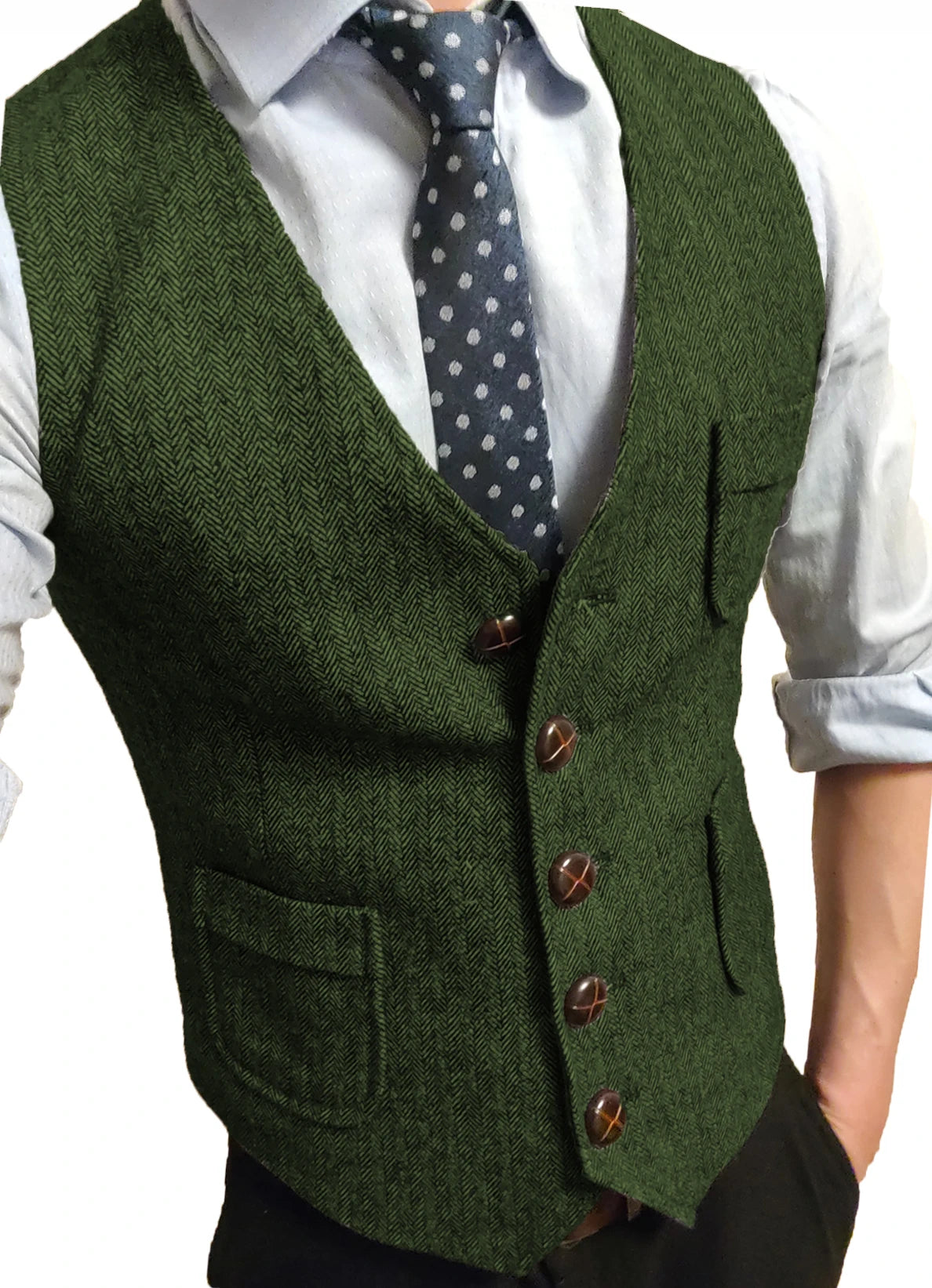 Men's Formal Suit Vest V-Neck Tweed Herringbone Waistcoat Business Dress Suit Vests for Wedding Vedee