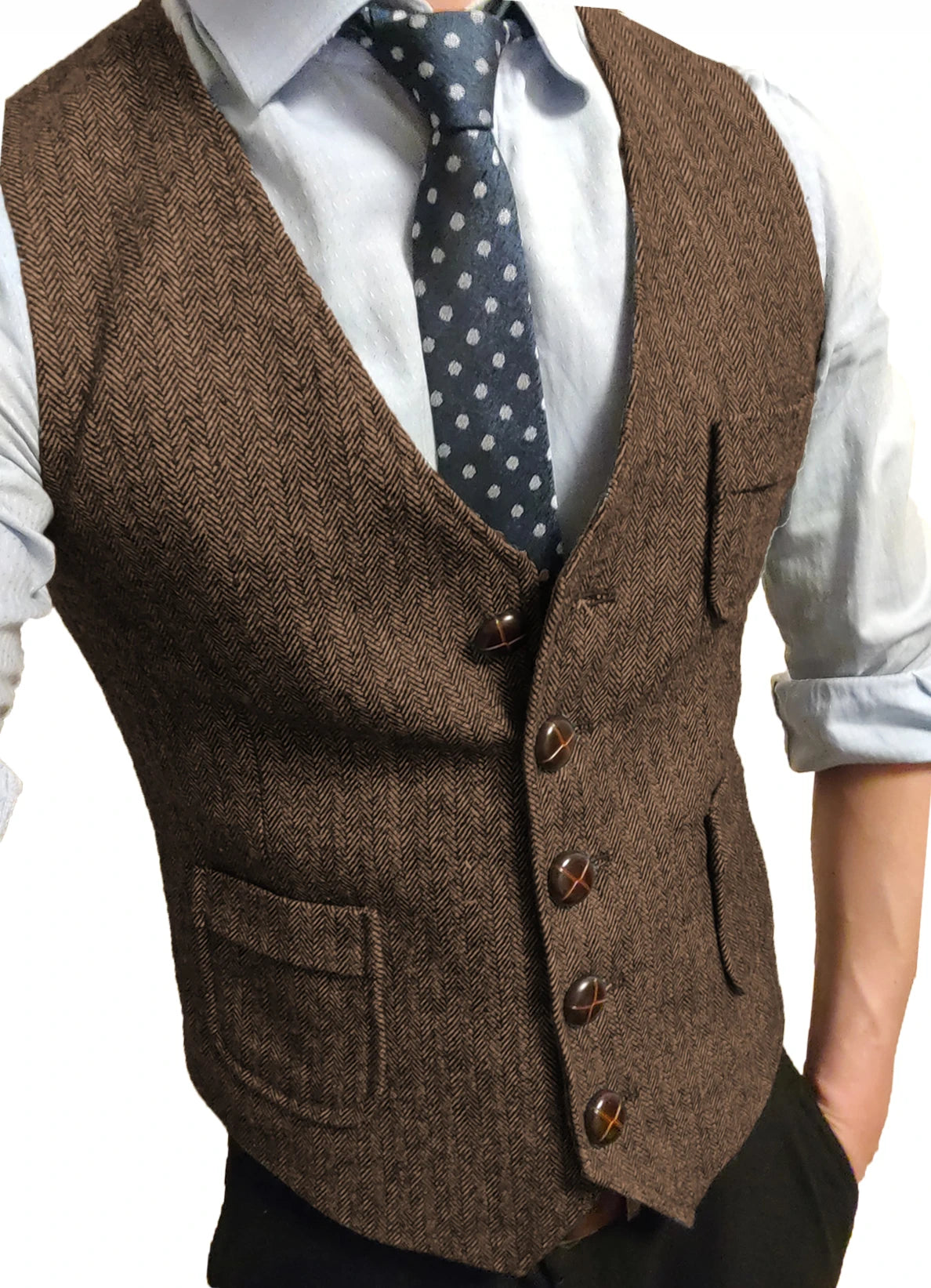 Men's Formal Suit Vest V-Neck Tweed Herringbone Waistcoat Business Dress Suit Vests for Wedding Vedee