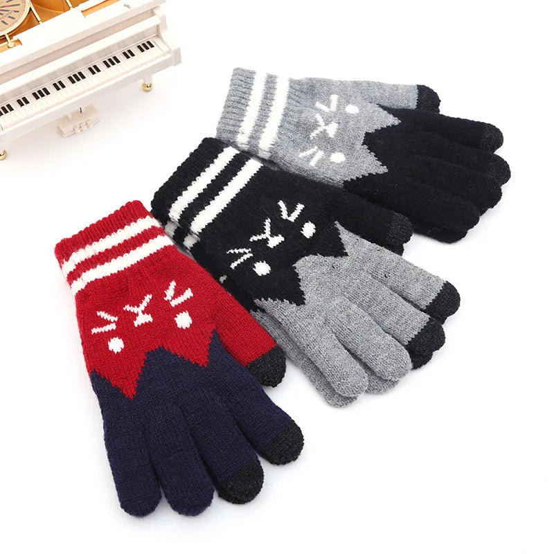 New Winter Thicken Warm Gloves For Men Women Students Cute Cat Knitted Touch Screen Mittens Outdoor Cycling Skiing Gloves Vedee