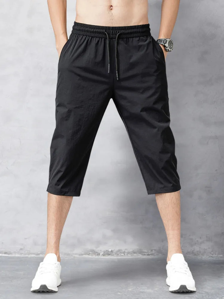 Men's Shorts Summer Breeches 2023 Thin Nylon 3/4 Length Trousers Male Bermuda Board Quick Drying Beach Black Men's Long Shorts Vedee