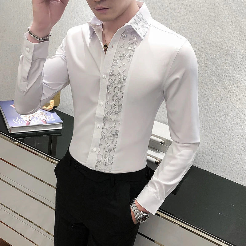 British Style Shine Lace Splicing Personality Banquet Dress Shirts Men's Brand Slim Tuxedo Shirt Solid Color Super Stage Costume Vedee