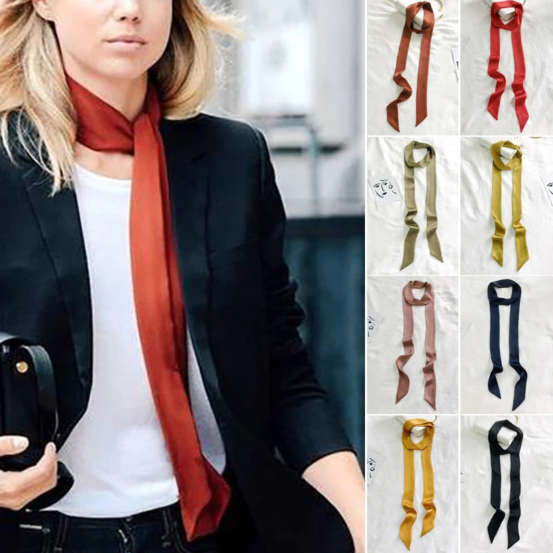 Solid Color Long Silk Skinny Scarf Women Neck Skinny Scarves Hairband Lady Narrow Neckerchief Bag Ribbons Brand Choker Streamer Vedee