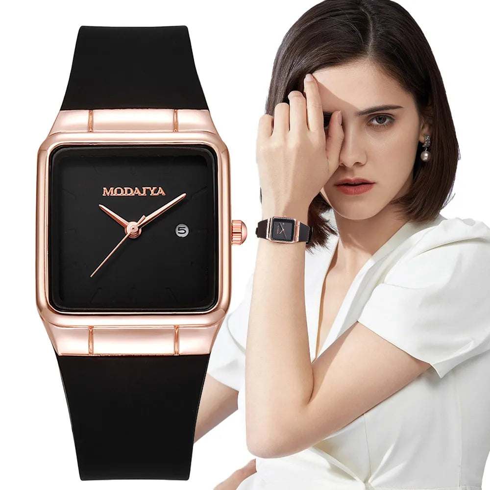 Fashion 2023 Women's Simple Brand Square Calendar Black Quartz Watch Casual Silicone Strap Female Clock Wristwatch Vedee