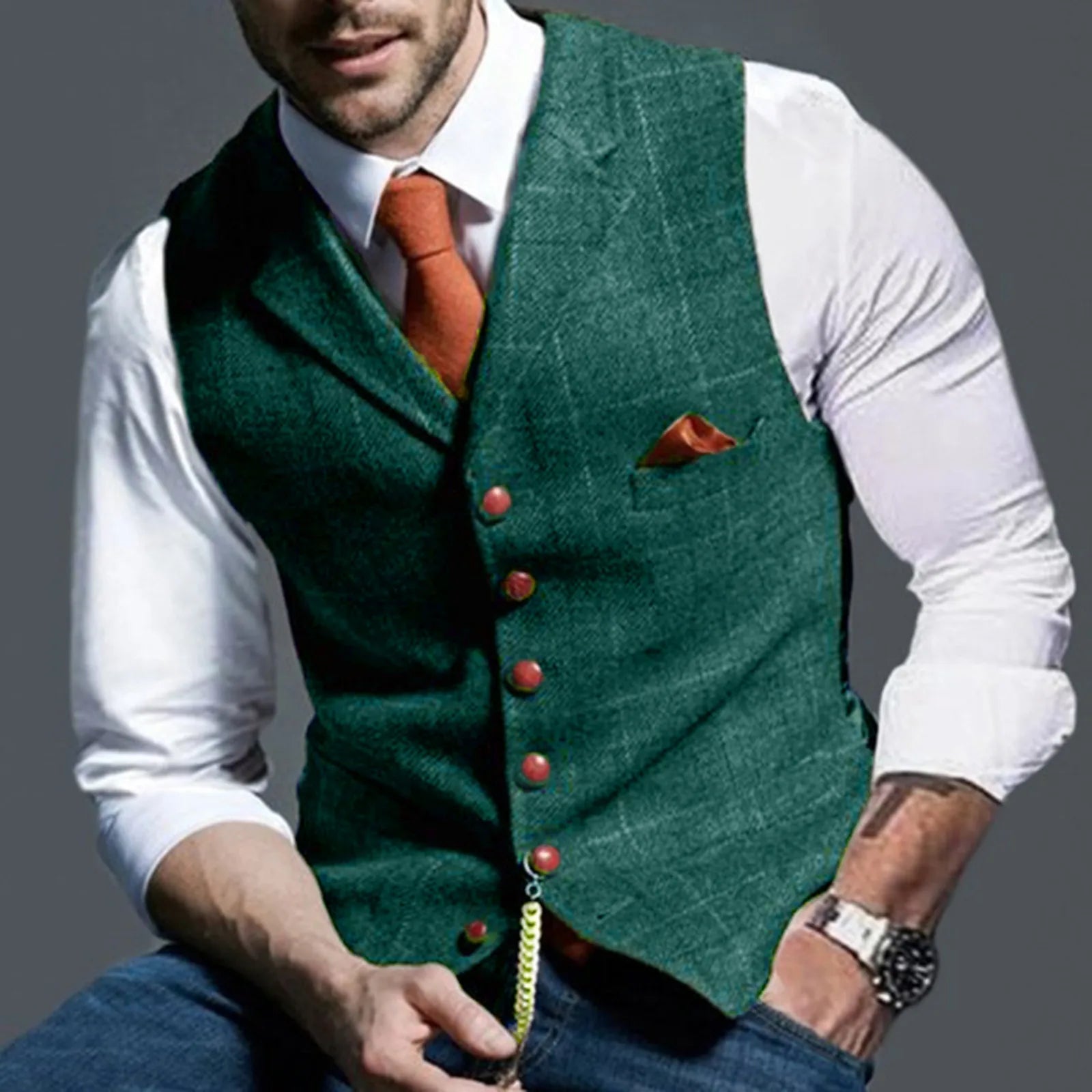 Men's Casual Classic Suit Vest V Neck Herringbone Tweed Slim Fit Business Waistcoat For Wedding Men's Lapel Plaid Vest Vedee