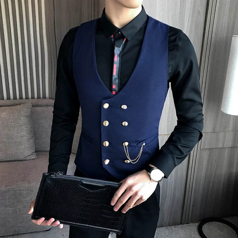 Men's Double Breasted Vest Spring 2022 New Slim Sleeveless Formal Suit Vest Gray Black Fashion Men's Business Casual Suit Vest Vedee