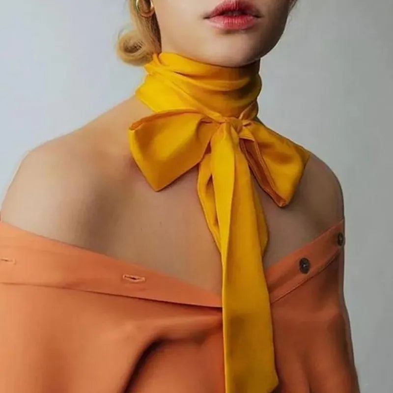 Solid Color Long Silk Skinny Scarf Women Neck Skinny Scarves Hairband Lady Narrow Neckerchief Bag Ribbons Brand Choker Streamer Vedee