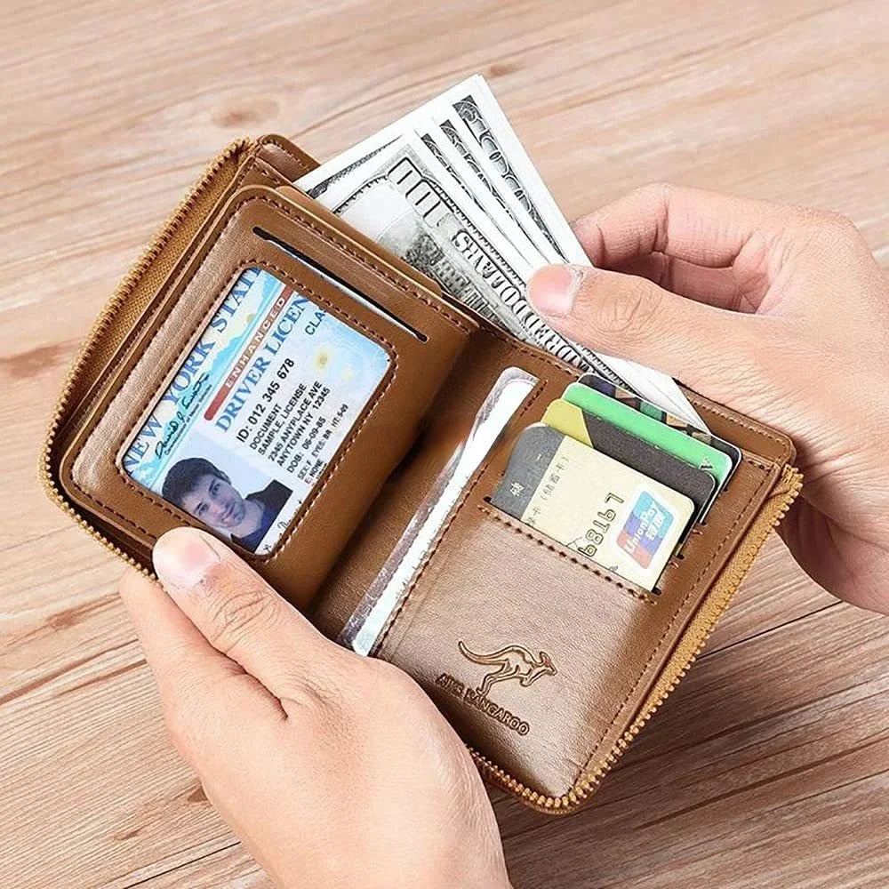 Kangaroo Wallet Men's RFID Blocking PU Leather Wallet with Zipper Multi Business Credit Card Holder Purse High Quality Vedee