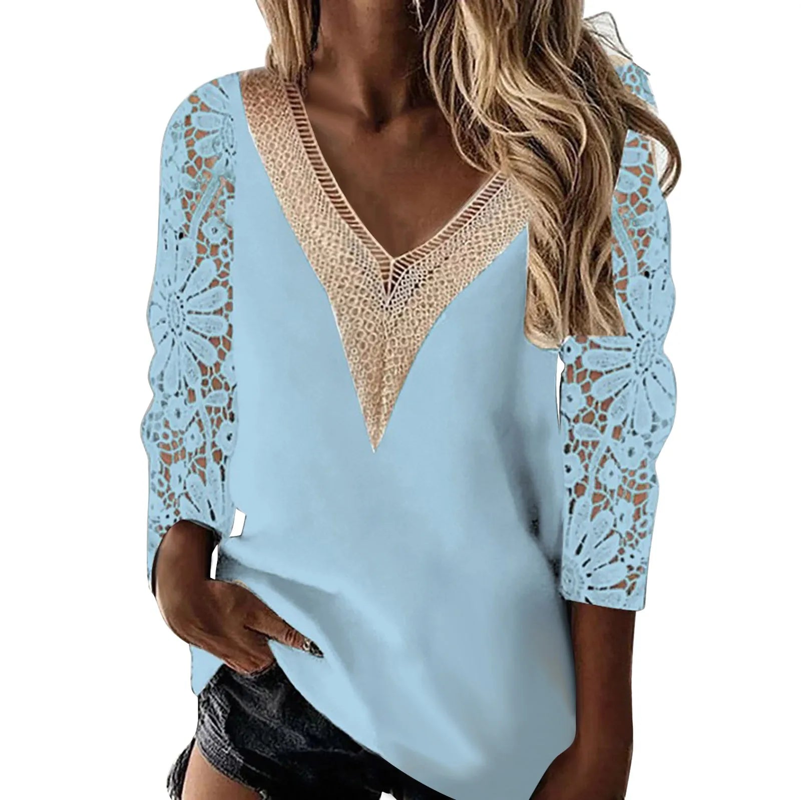 Women's Blouse Fall Elegant Lace Stitching V-neck Long Sleeve Top Spring Hollow Out Vintage White Shirt Casual Loose Shirt Women Vedee