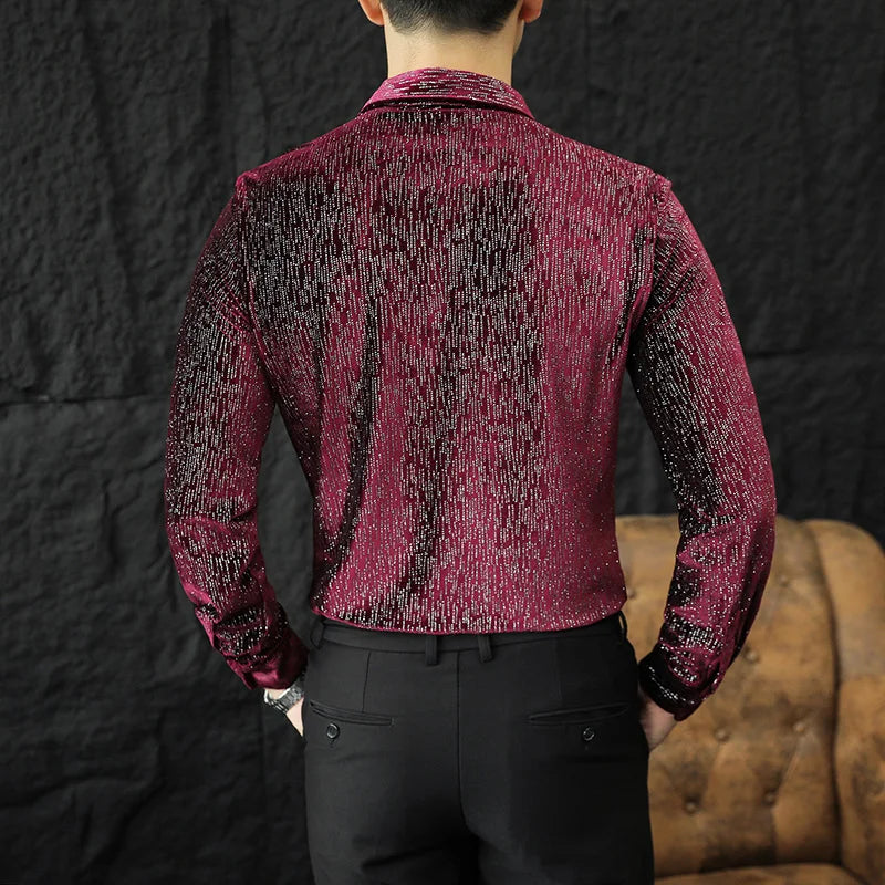 Fashion Men's Velvet Shirts Shiny Dance Clothes For Men Luxury Elegant Mens Dress Shirts Spring Autumn Long Sleeve Casual Blouse Vedee