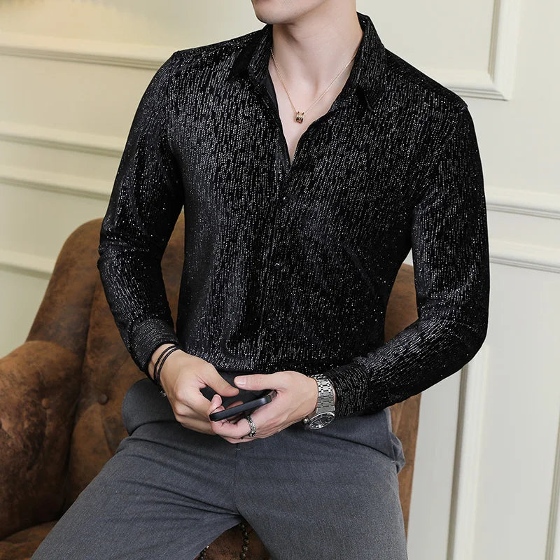 Fashion Men's Velvet Shirts Shiny Dance Clothes For Men Luxury Elegant Mens Dress Shirts Spring Autumn Long Sleeve Casual Blouse Vedee