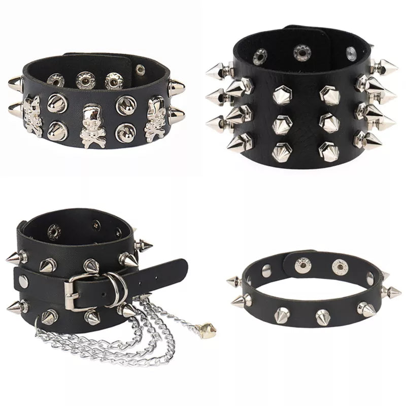 Fashion Gothic Punk PU Leather Studded Spikes Rivet Wide Cuff Bracelet Gothic Rivet Buckle Wristband for Men Women Jewelry Vedee